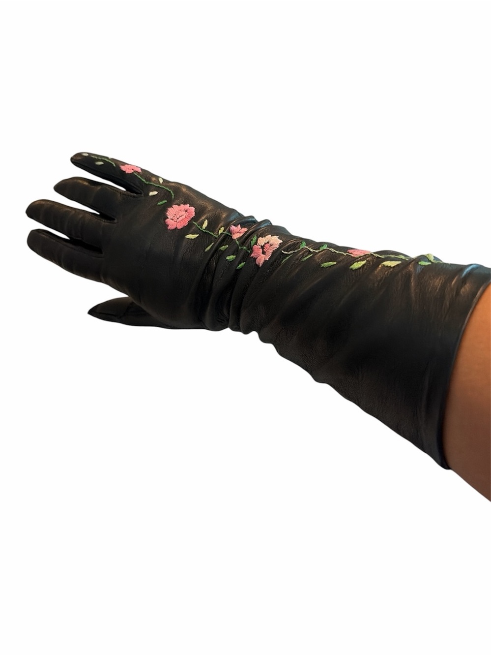 Vintage Black Leather Gloves with Pink Floral Embroidery NWOT